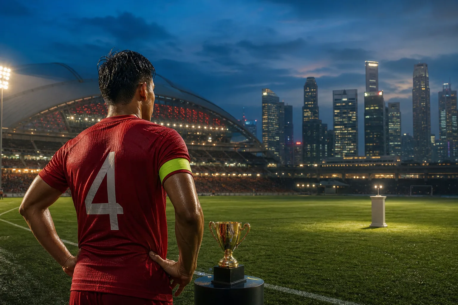 A fictional Singapore captain on a floodlit pitch with the city skyline behind and a regional trophy nearby