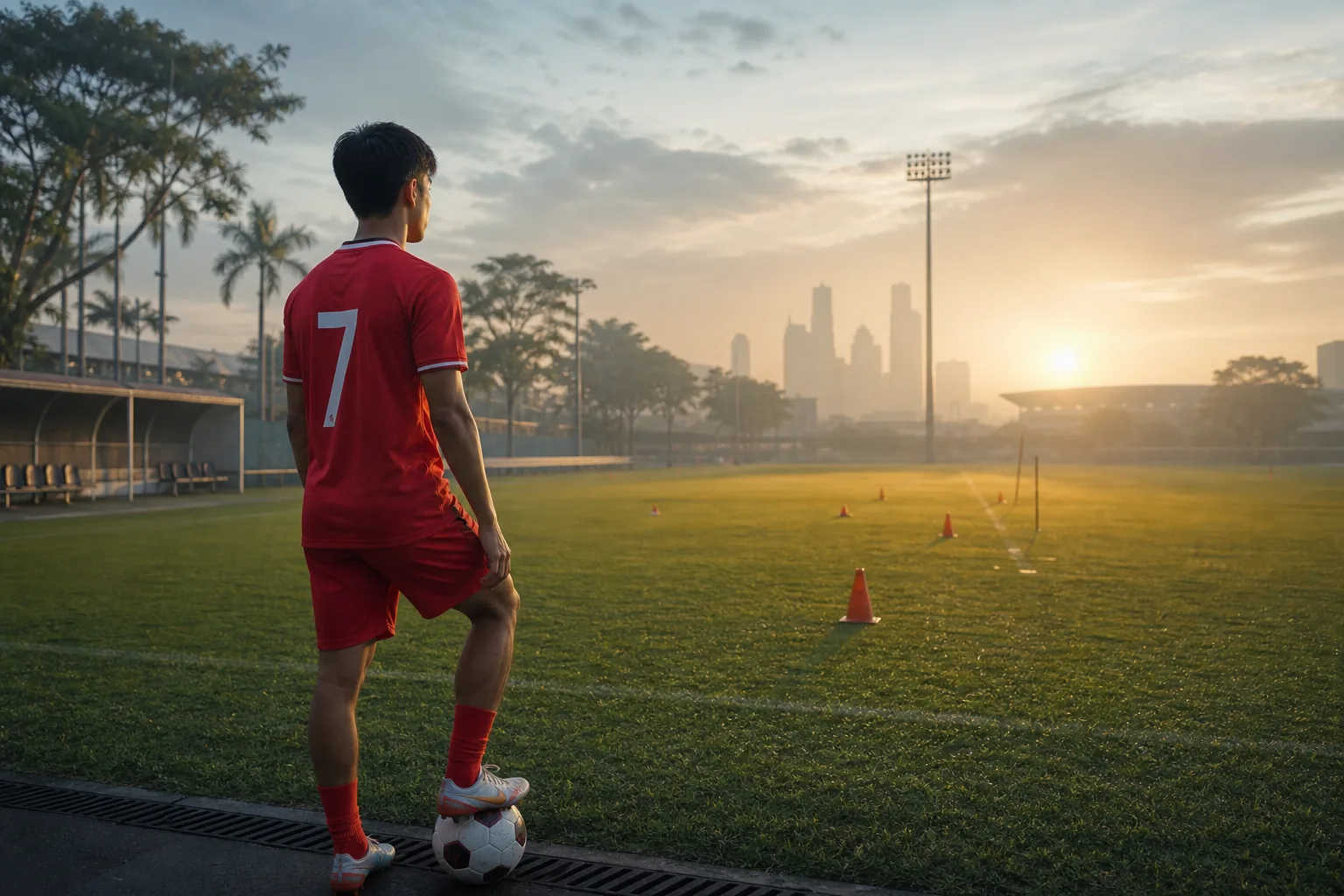 A fictional young Singapore footballer looking toward the next stage of AFC qualifying at dawn