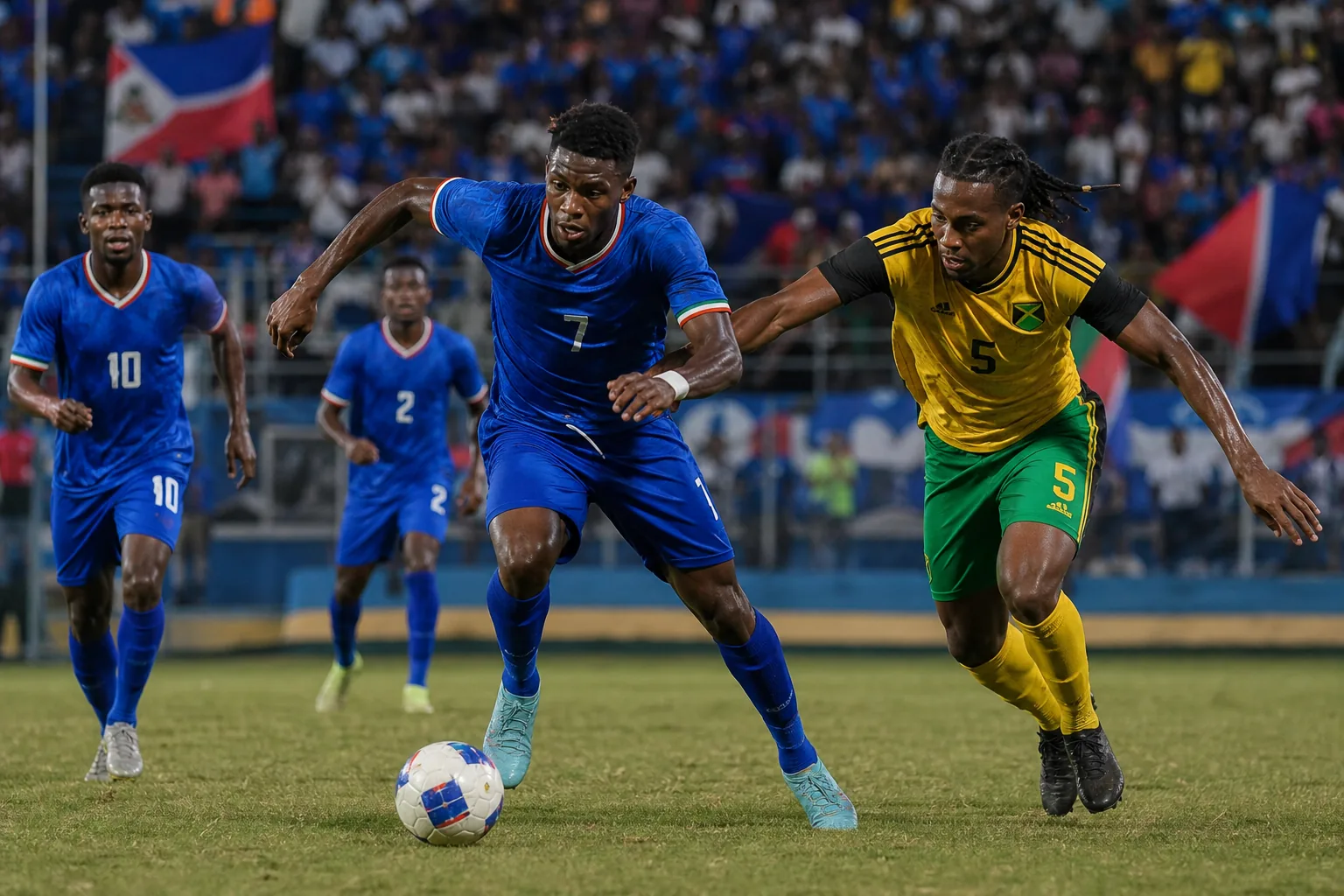Sint Maarten footballers competing in an intense Caribbean Nations League match