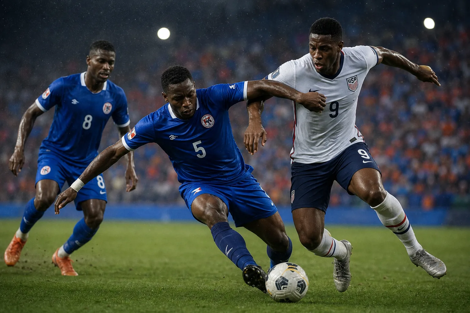 Sint Maarten players battling a stronger CONCACAF opponent in a qualifying match