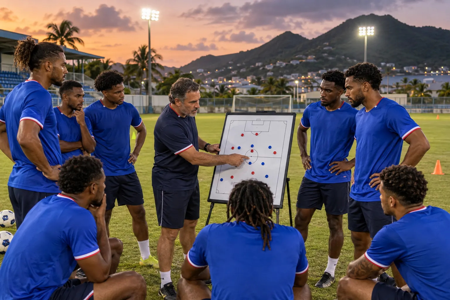 Sint Maarten players listening to a tactical briefing at a Caribbean training ground