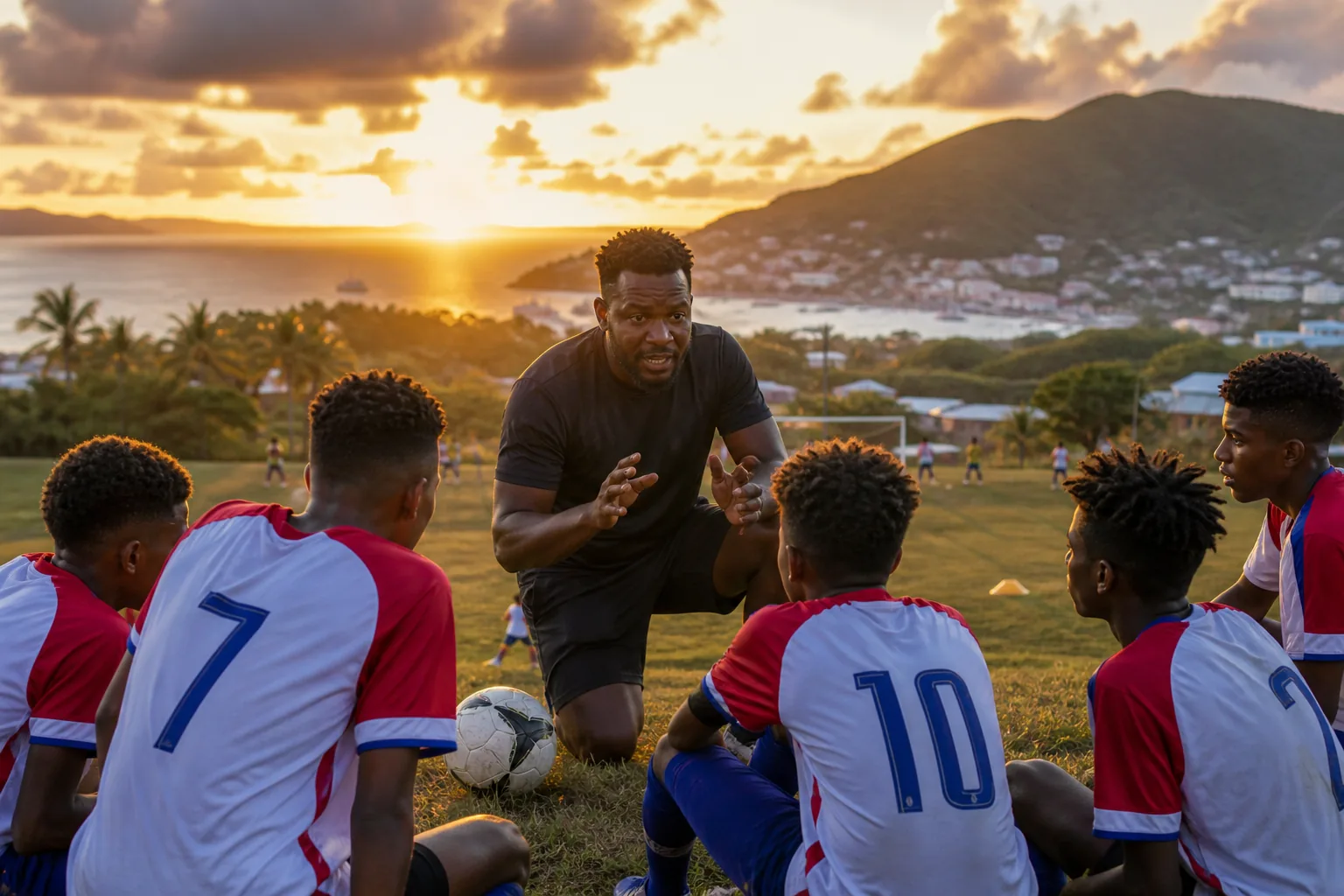 Young Sint Maarten footballers training with a coach at sunset on a Caribbean island pitch