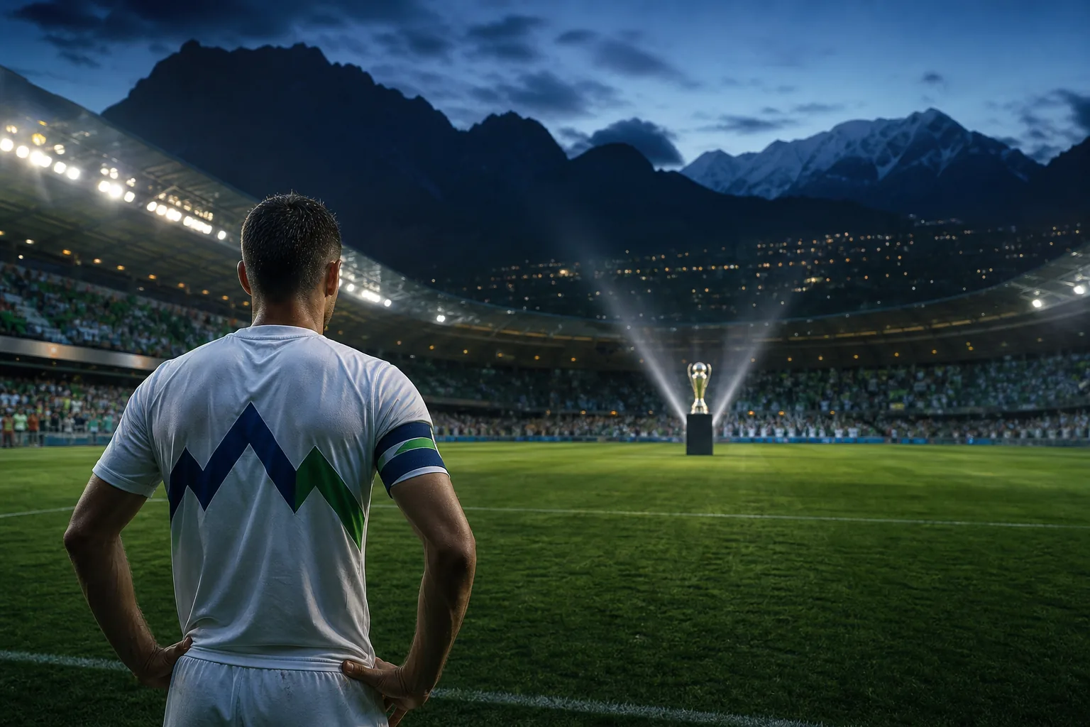 A fictional Slovenian captain facing a distant major trophy beneath the Alps