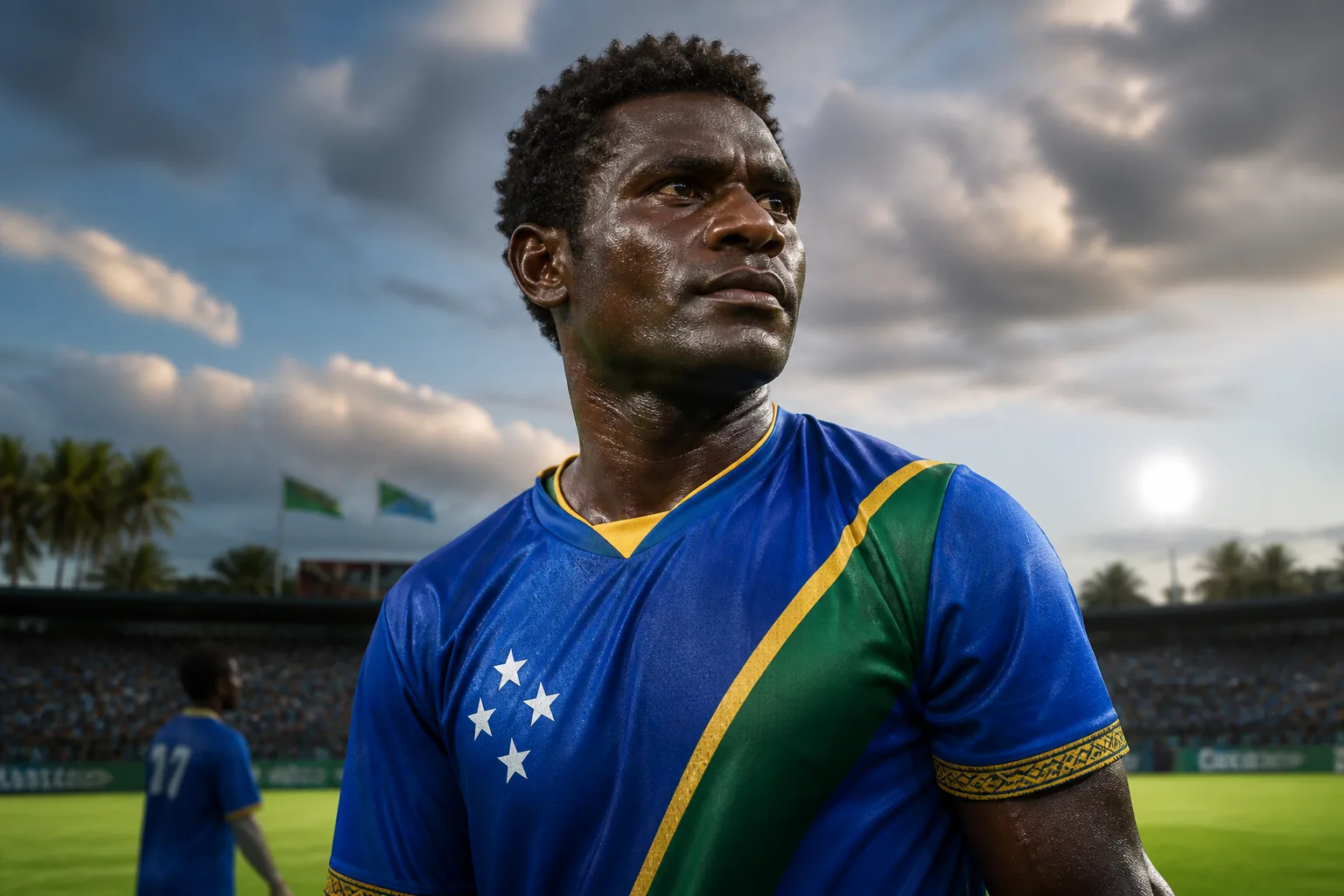 A fictional editorial portrait inspired by Solomon Islands football legend Commins Menapi in a blue national-team kit