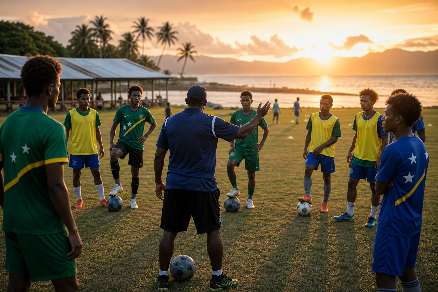 Young Solomon Islands footballers and futsal players training with a coach at sunset
