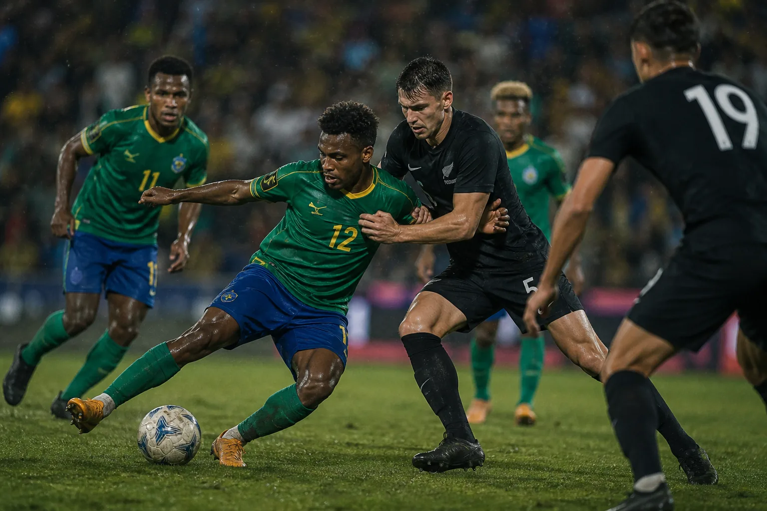 Solomon Islands competing against a powerful Oceania opponent in a rain-soaked match