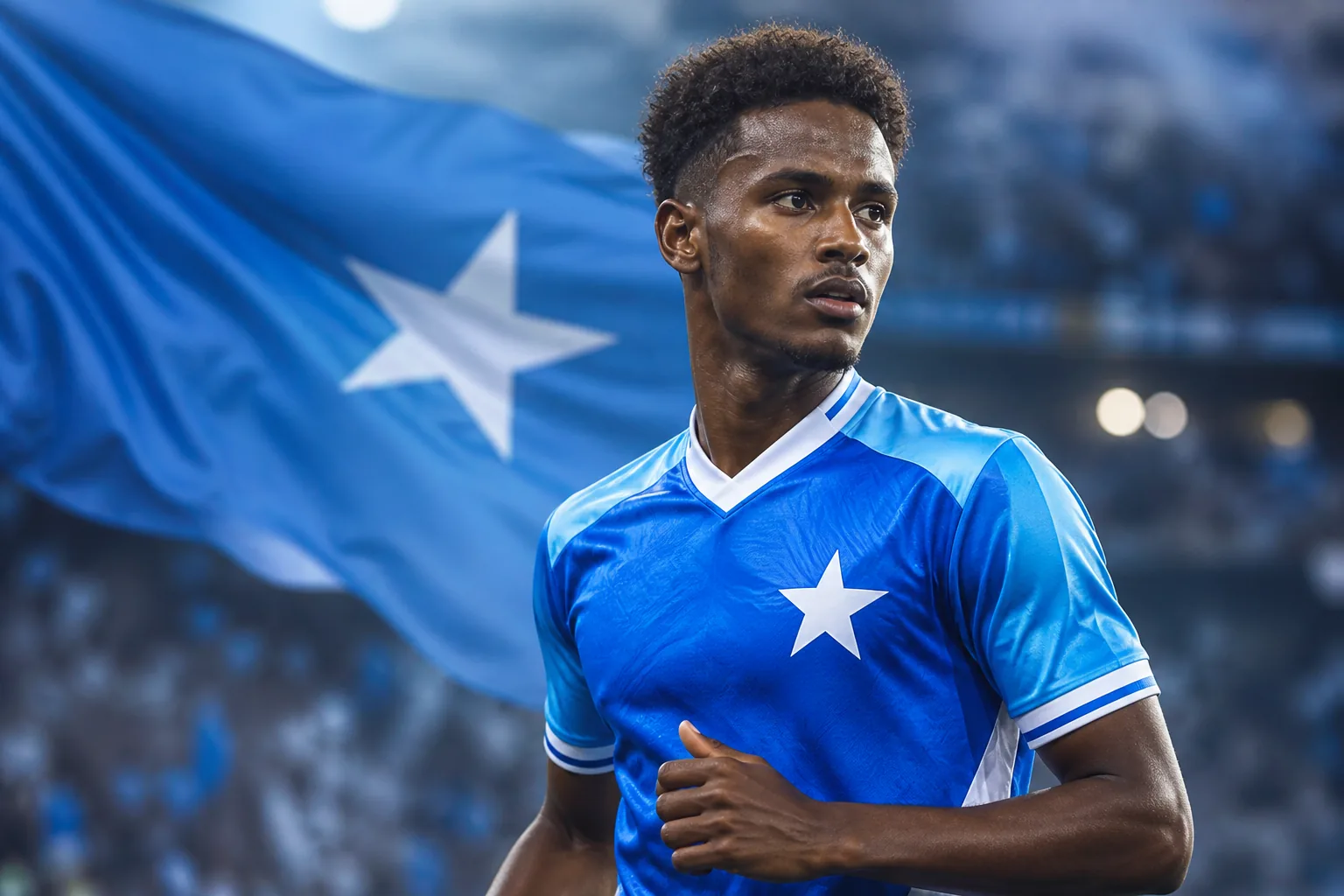 A fictional editorial portrait inspired by Somalia footballer Abdulkadir Mohamed in a blue Ocean Stars kit