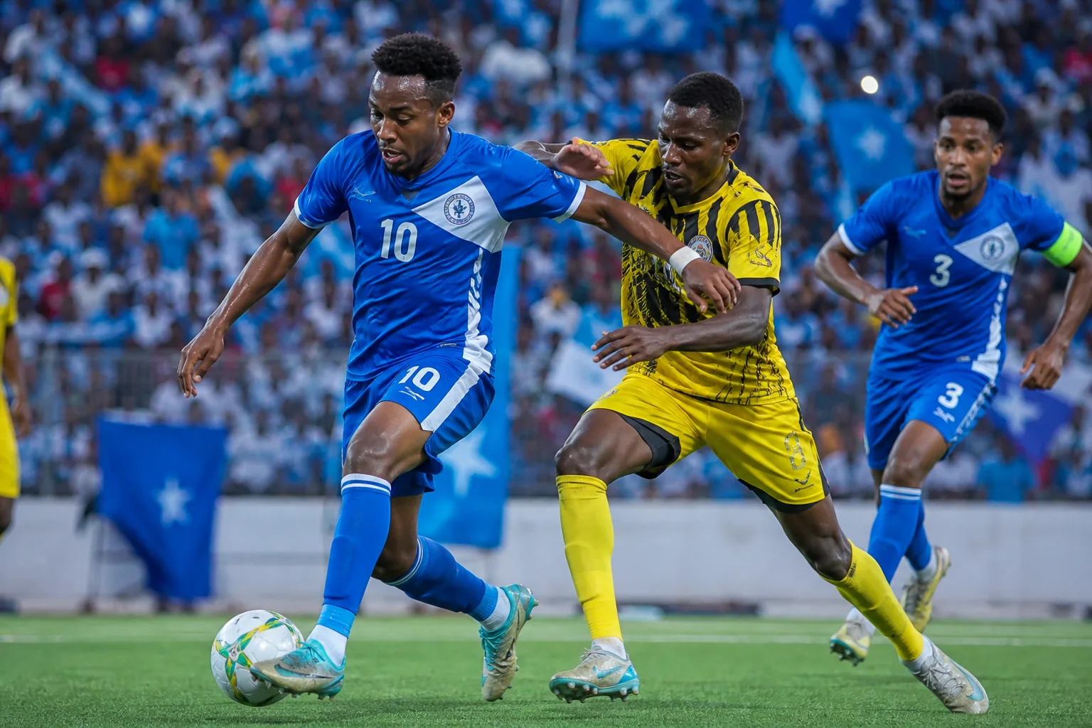Somalia's Ocean Stars carrying the ball through pressure in an international match