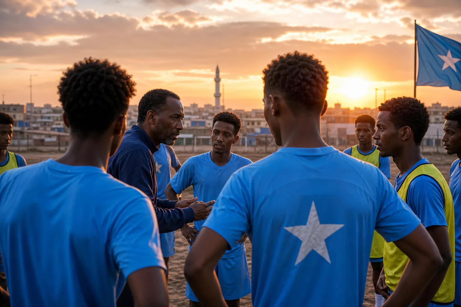 Young Somali footballers training with an experienced coach at sunset