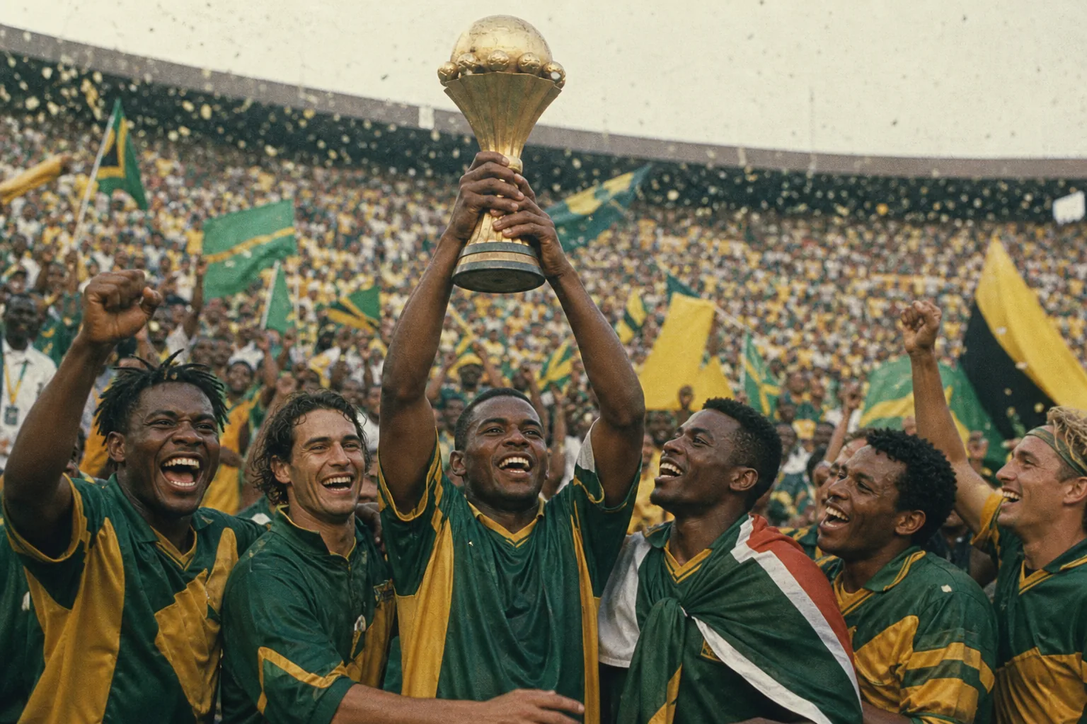 Fictional South African footballers lifting the 1996 Africa Cup of Nations trophy in a packed home stadium