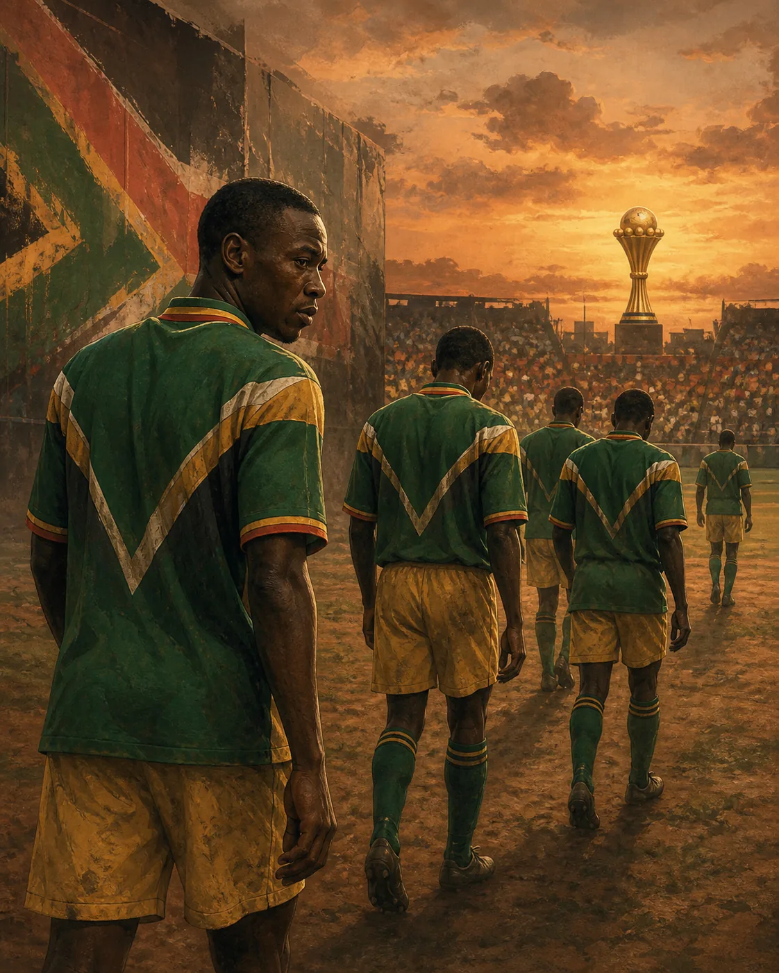 Fictional South African players walking away from a tense Africa Cup of Nations final at sunset