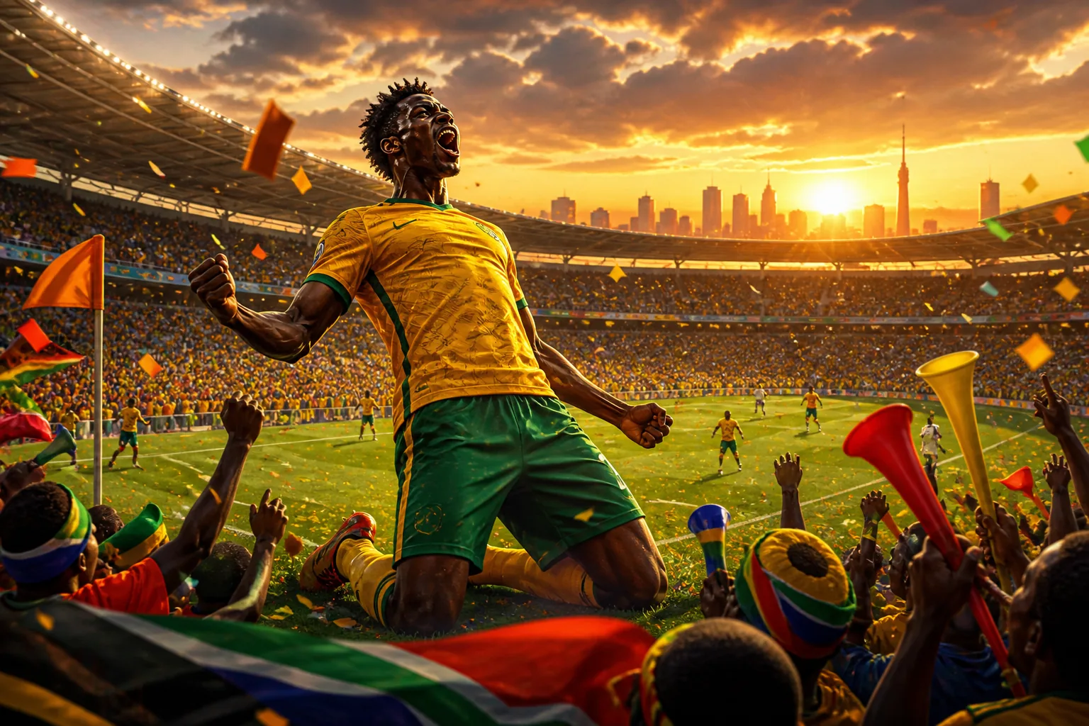 A fictional South African footballer celebrating the opening goal of a World Cup match before a packed stadium