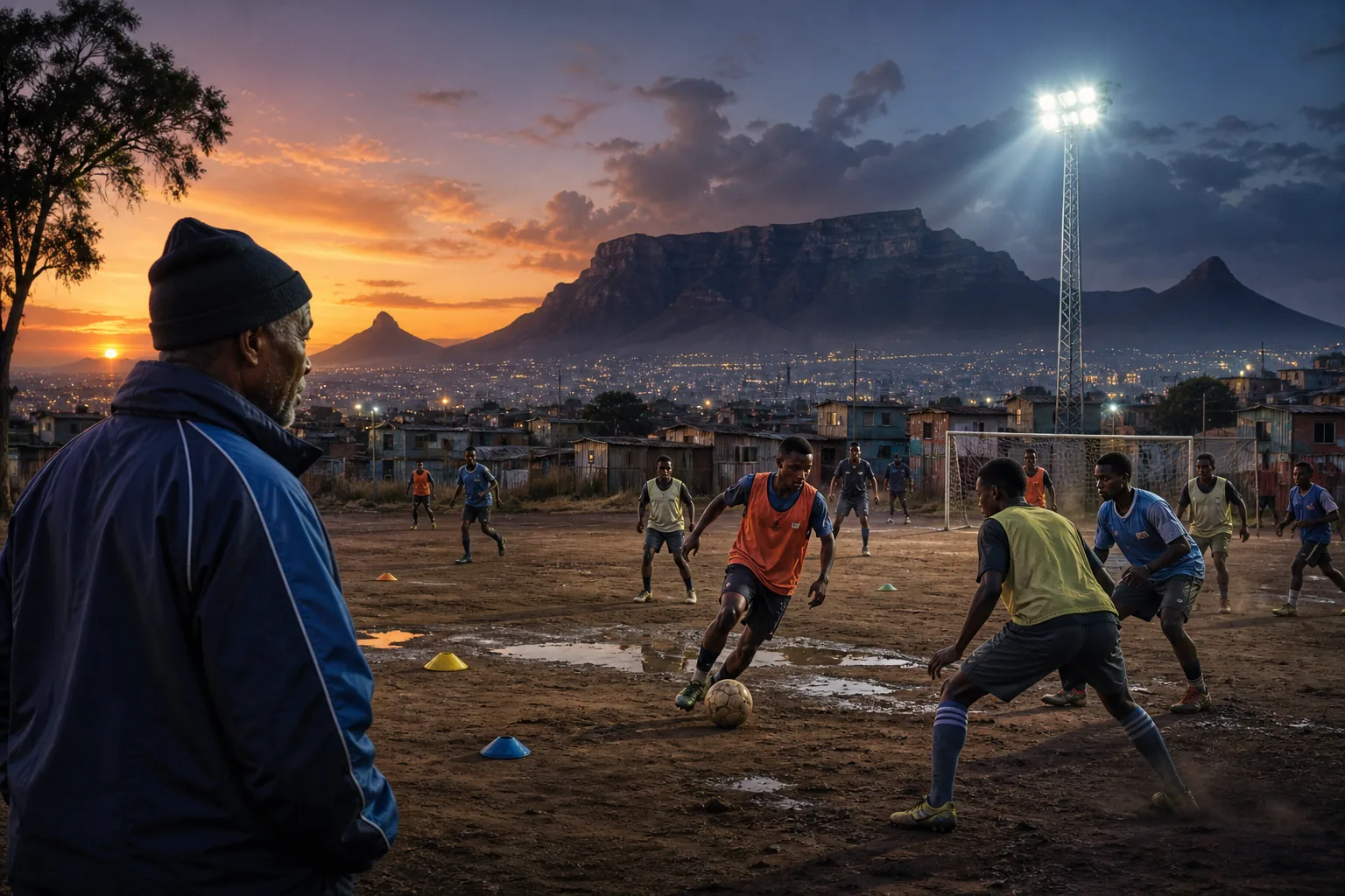 Young South African footballers training on a community pitch beneath Table Mountain at dusk