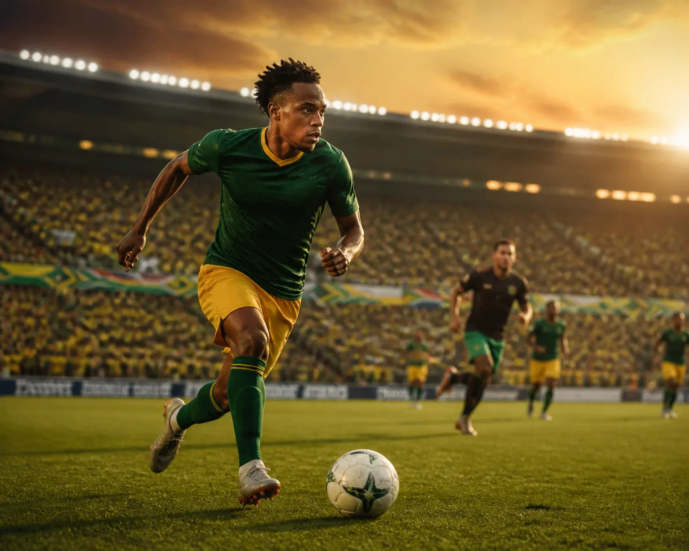 A fictional South African national-team star winger leading an attack in a packed Johannesburg stadium