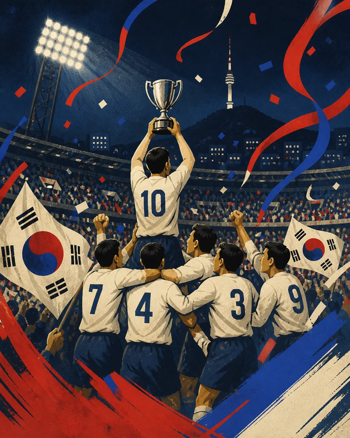 A South Korean footballer facing a sea of red supporters at the 2002 World Cup