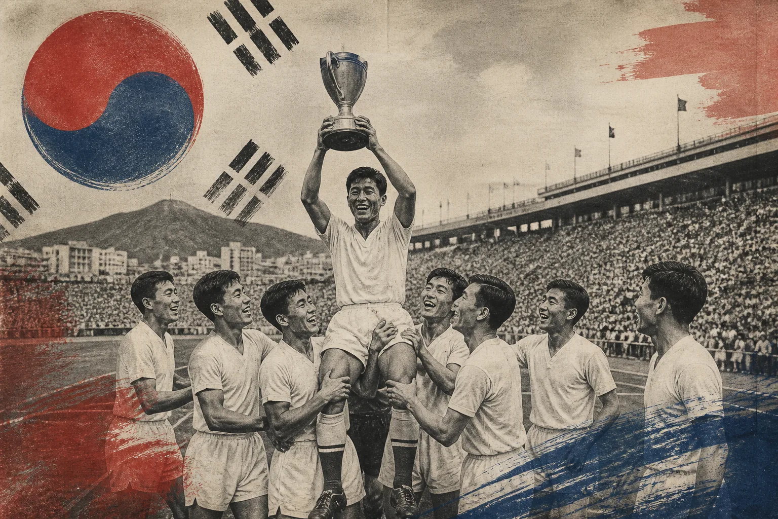 A Korean scarf on an empty stadium seat with a distant continental trophy