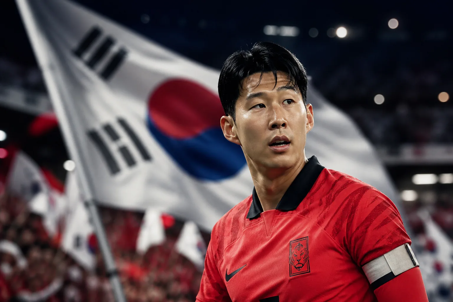 A fictional editorial portrait inspired by South Korea captain Son Heung-min in a red Taegeuk Warriors kit