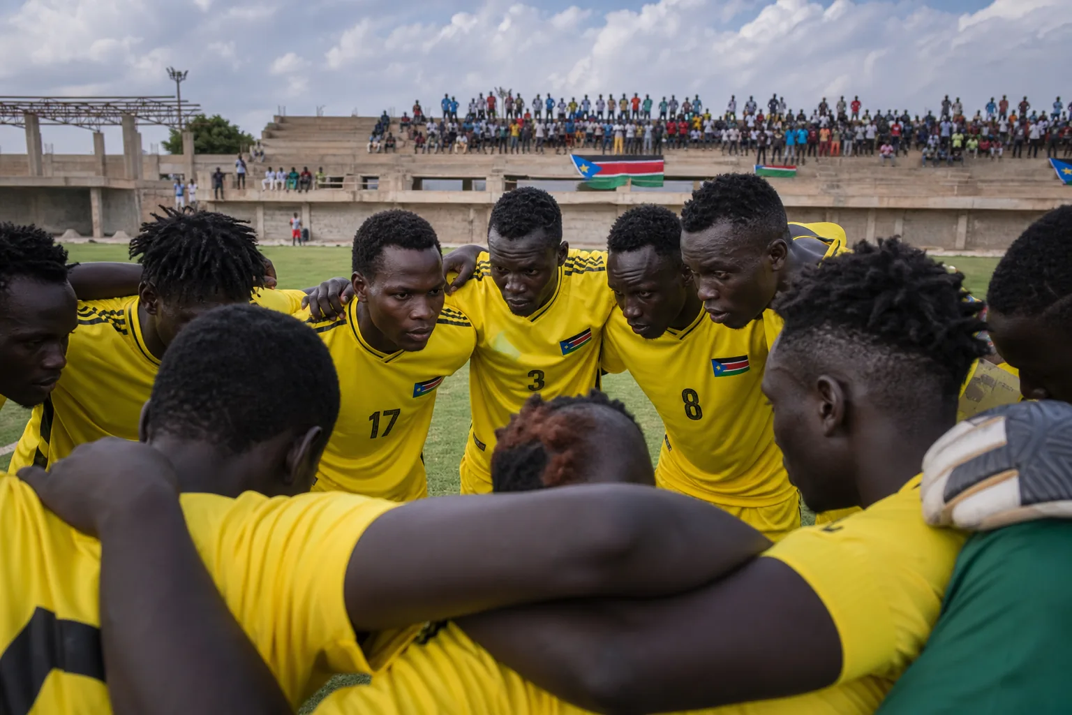 South Sudan Bright Stars preparing together before a CECAFA qualifier in yellow kits