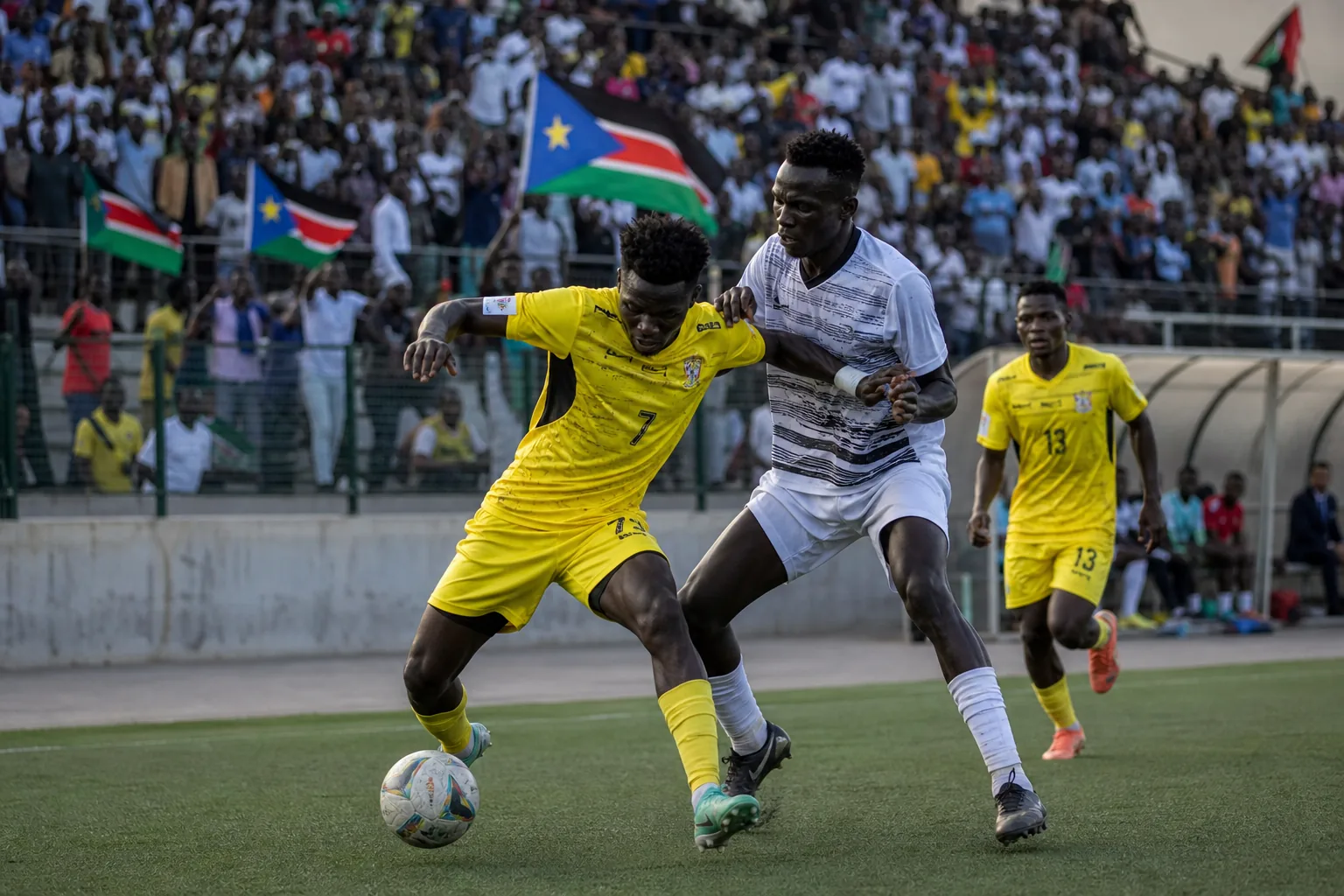 South Sudan footballers competing in a tense East African CECAFA match