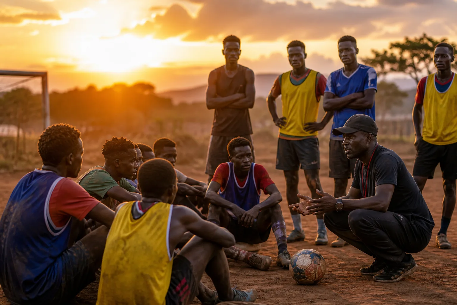 Young South Sudan footballers training with an experienced coach at sunset