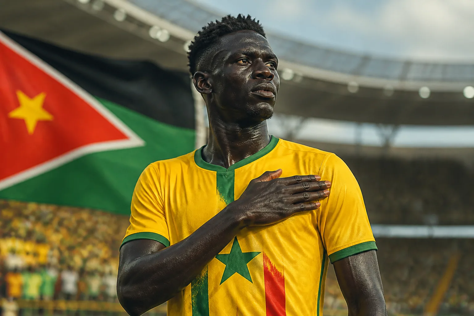 A fictional editorial portrait inspired by South Sudan footballer Valentino Yuel in a yellow Bright Stars kit