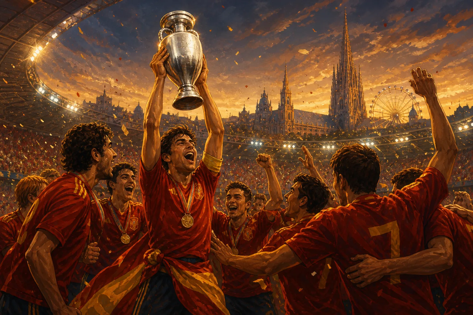Fictional Spanish players in red celebrating a European championship trophy after ending a long wait