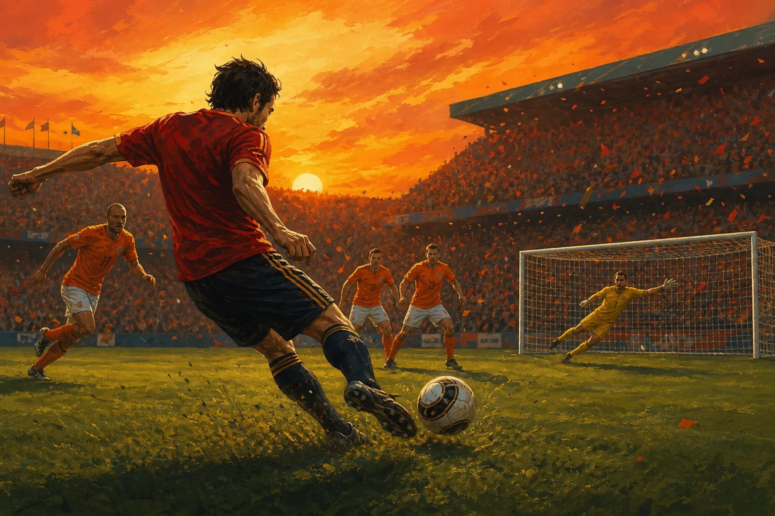 A fictional Spanish midfielder striking a late extra-time winner beneath an orange sunset