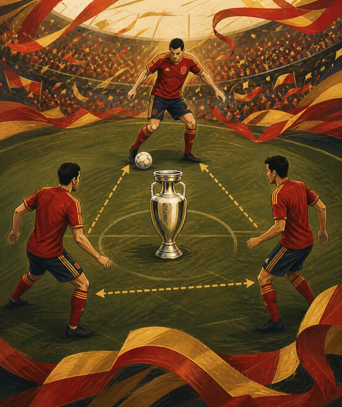A fictional Spanish team forming a calm passing triangle around a European trophy