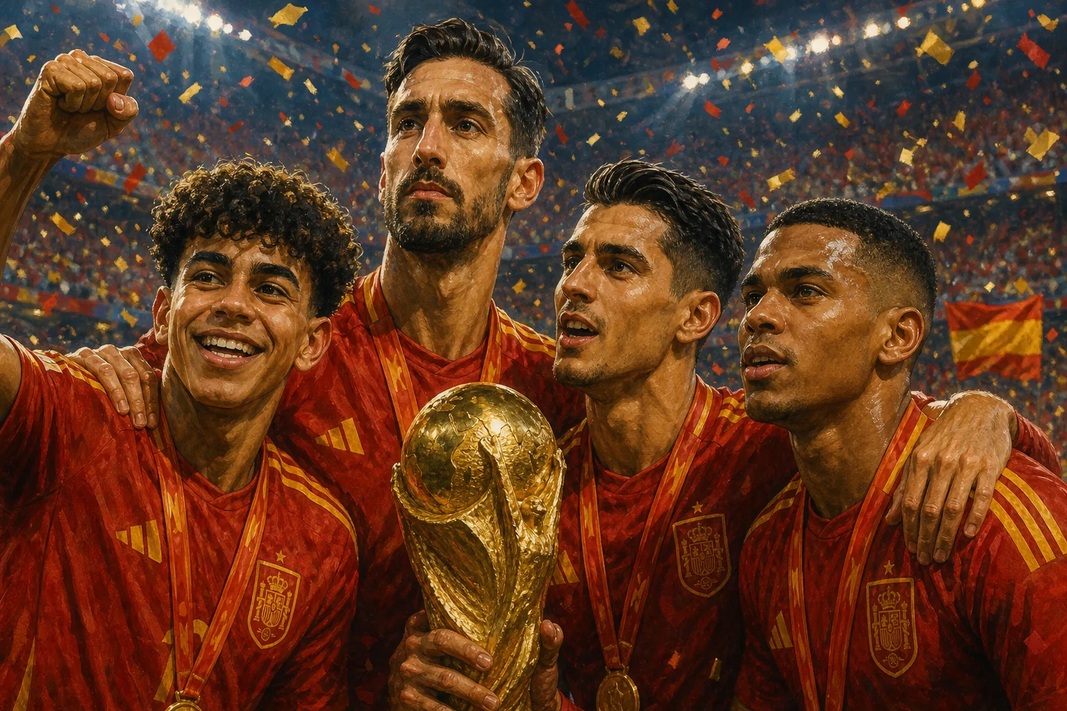 Four distinct fictional Spanish players lifting a second world championship trophy