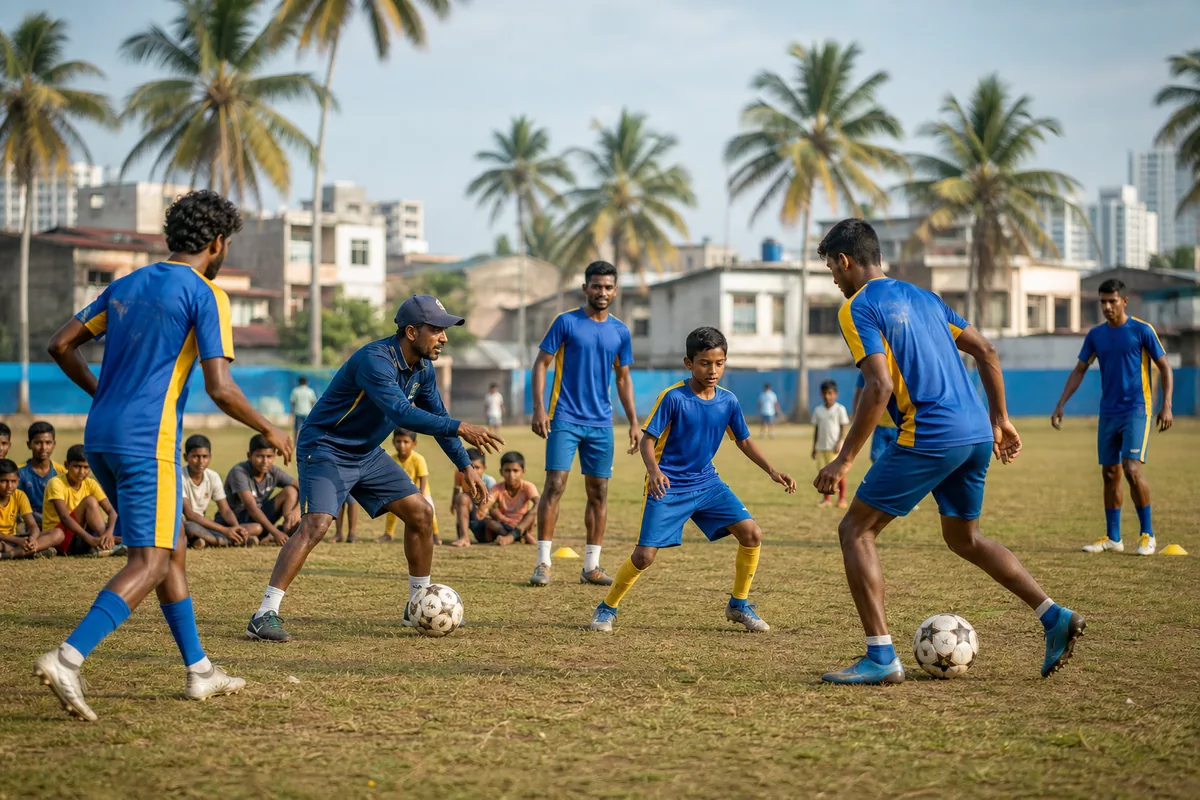 Fictional Sri Lankan youth and senior footballers training together on a lively tropical community pitch