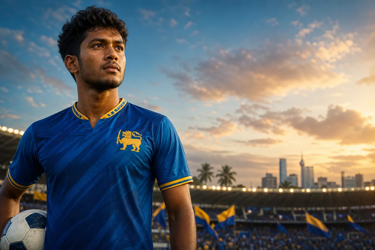 A fictional Sri Lanka national-team midfielder inspired by Dillon De Silva standing before a Colombo stadium with blue-and-gold flags