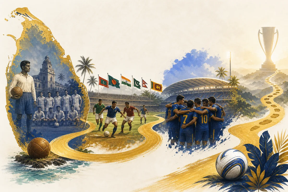 Text-free editorial timeline illustration of Sri Lanka's football beginning, regional competition and Asian Cup qualifying target