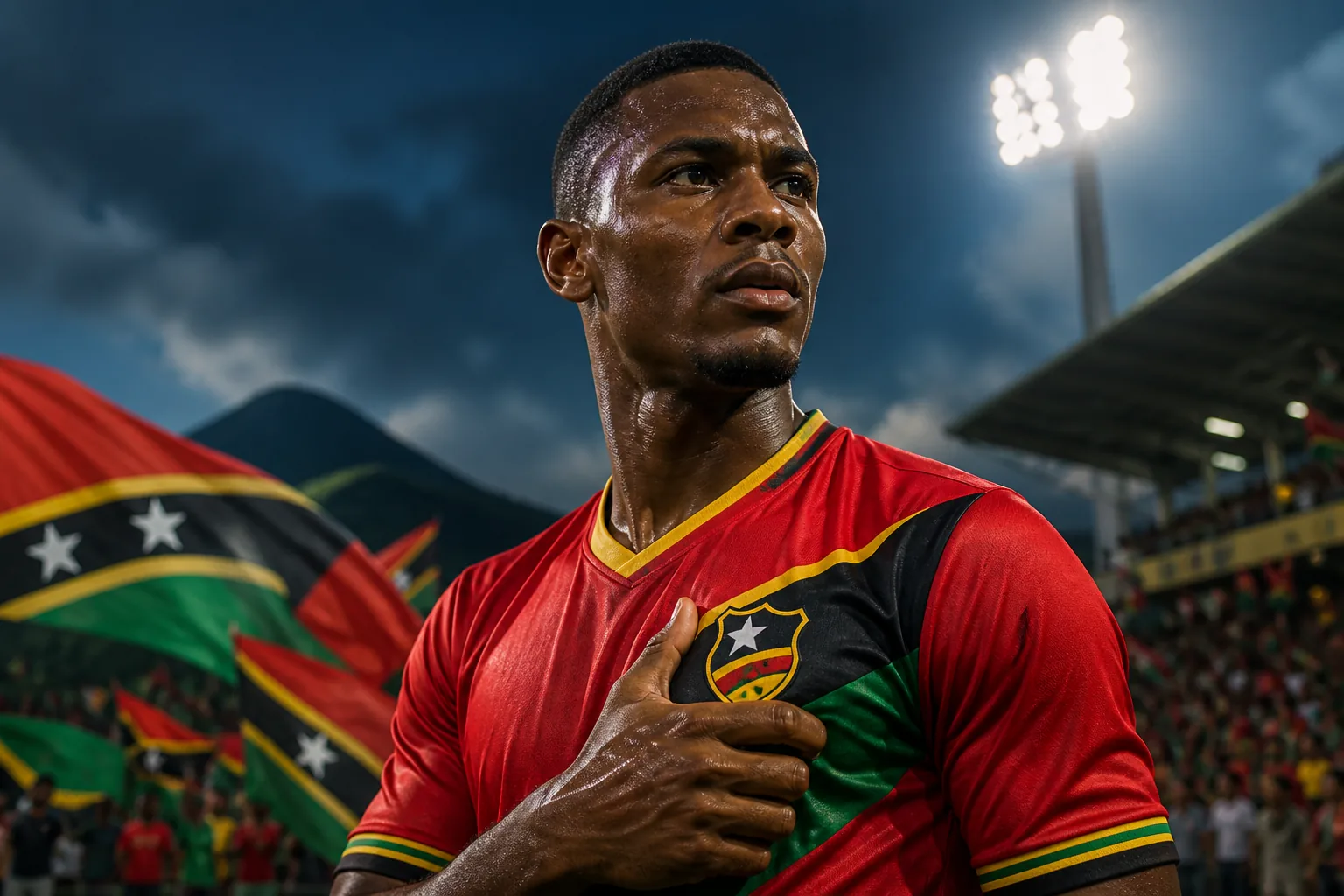 A fictional editorial portrait inspired by St Kitts and Nevis footballer Atiba Harris in a red Sugar Boyz kit