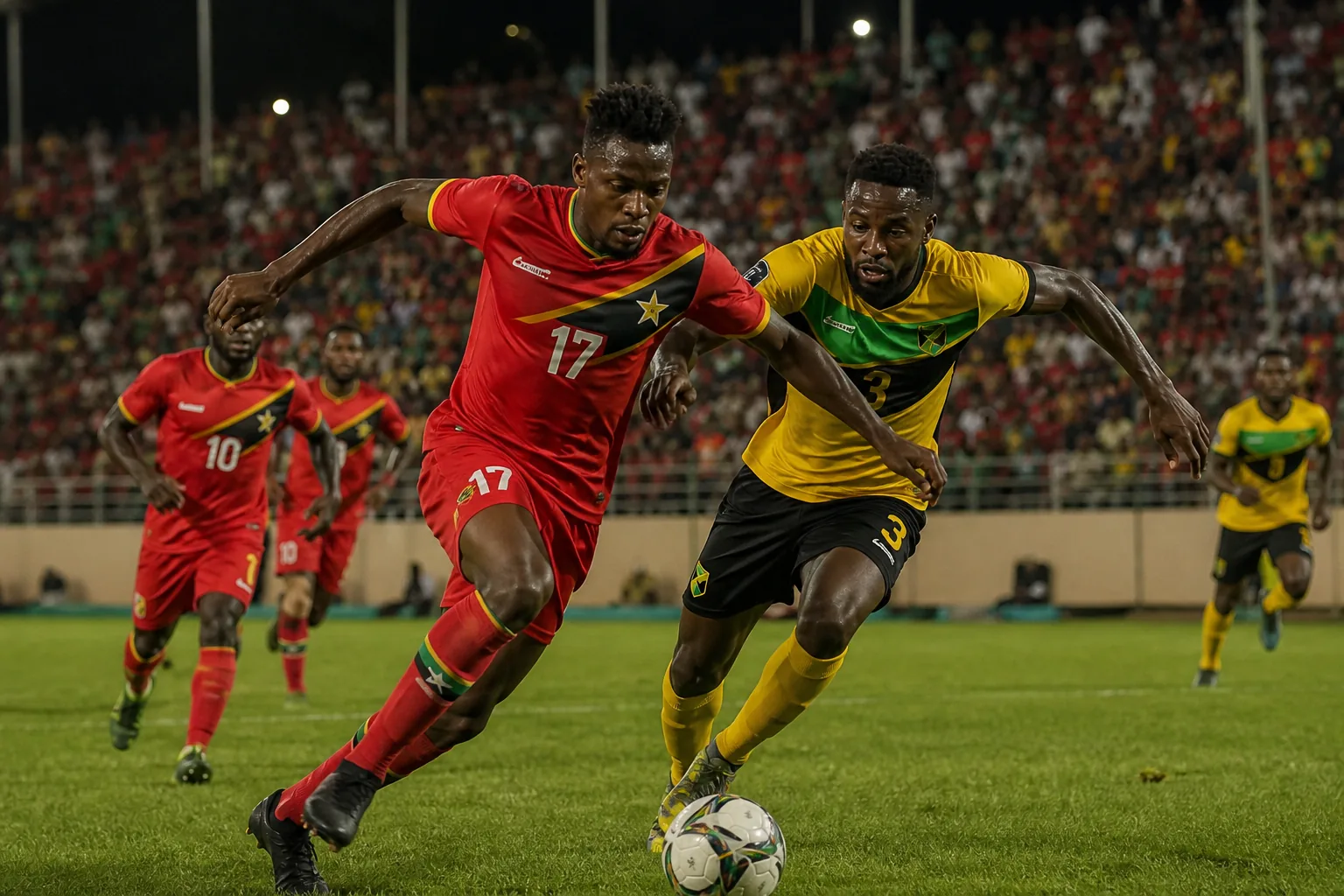 St Kitts and Nevis footballers competing in an intense Caribbean match