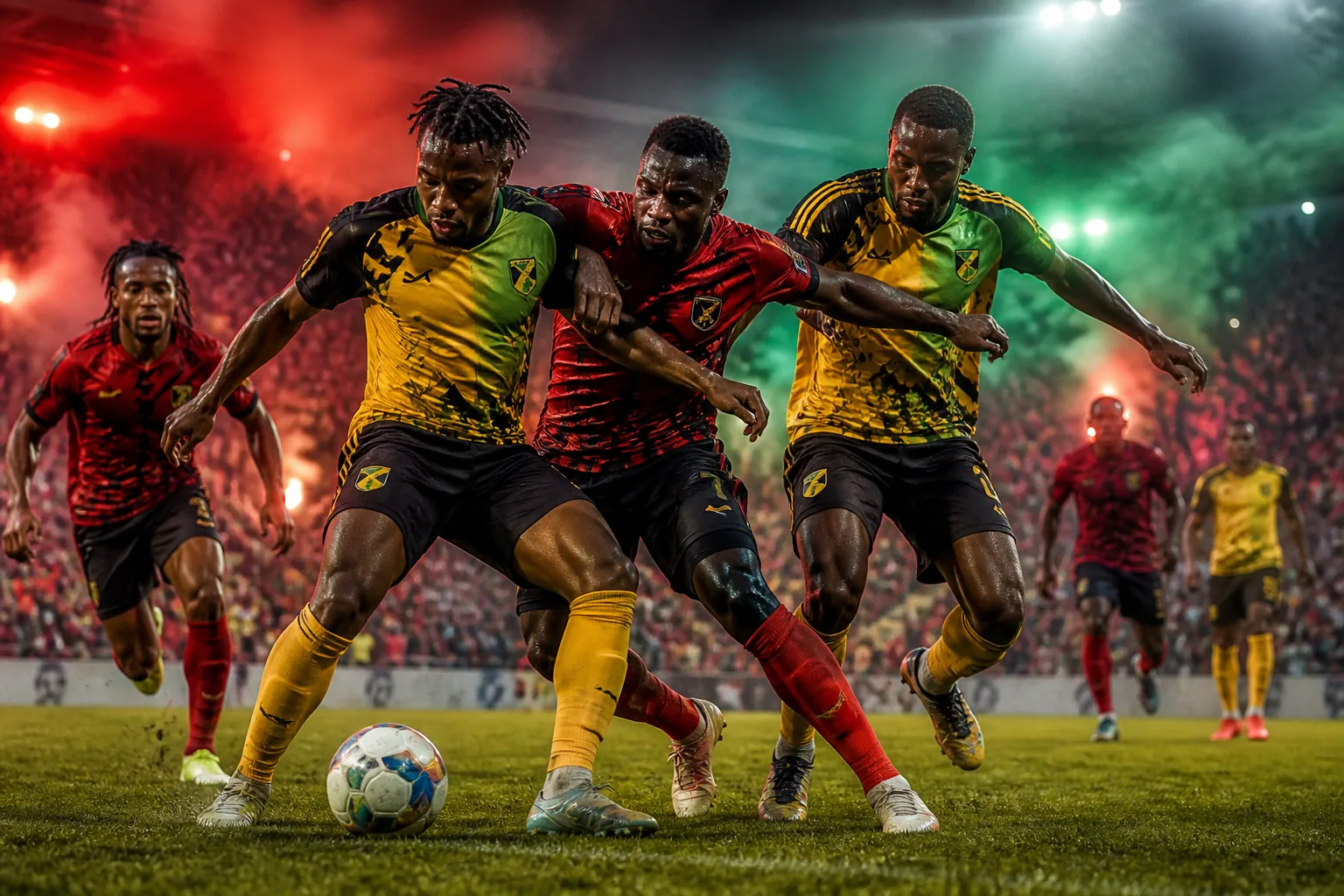Sugar Boyz players battling a strong CONCACAF opponent in a tense qualifier