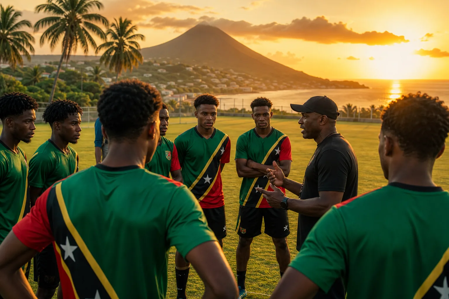 Young St Kitts and Nevis footballers training with a coach at sunset on a Caribbean pitch