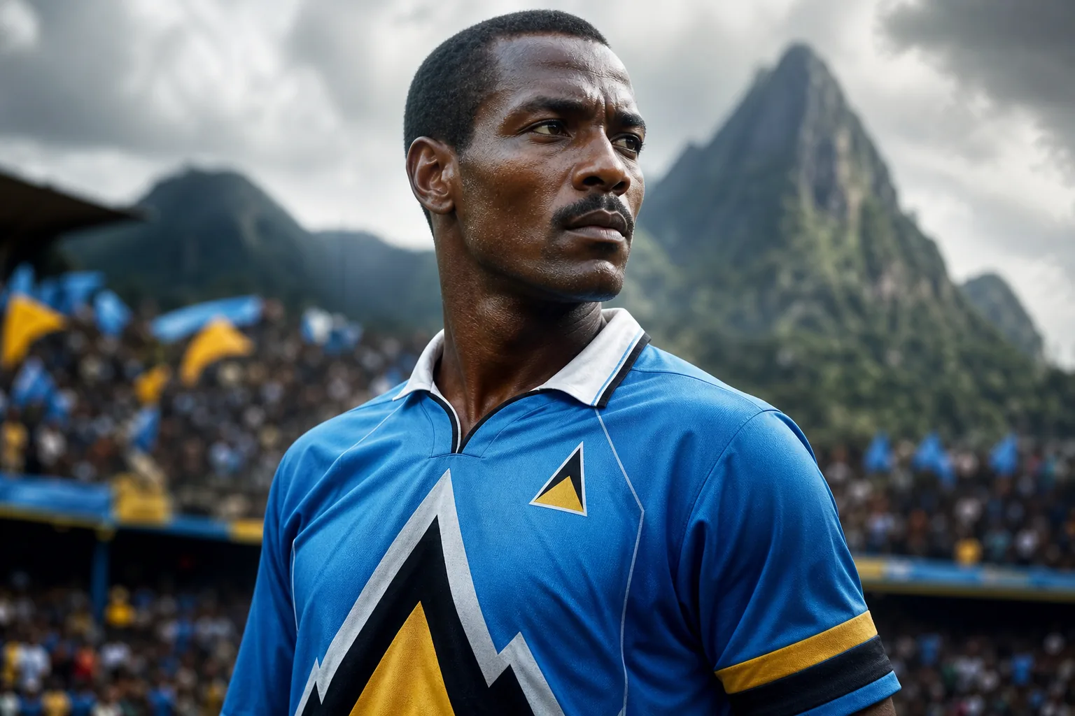 A fictional editorial portrait inspired by Saint Lucia football legend Earl Jean in a blue Pitons kit