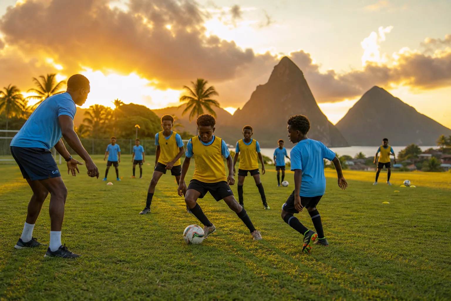 Young Saint Lucia footballers training with a coach at sunset on a Caribbean island pitch