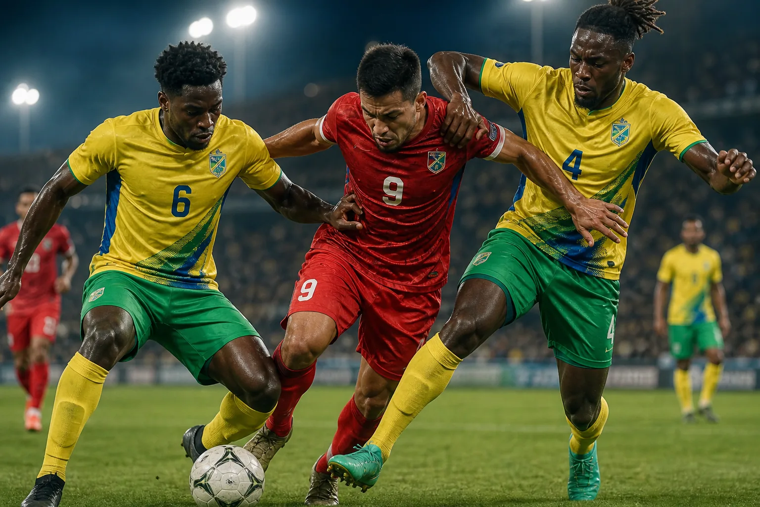 Vincy Heat players battling a strong CONCACAF opponent in a tense qualifier