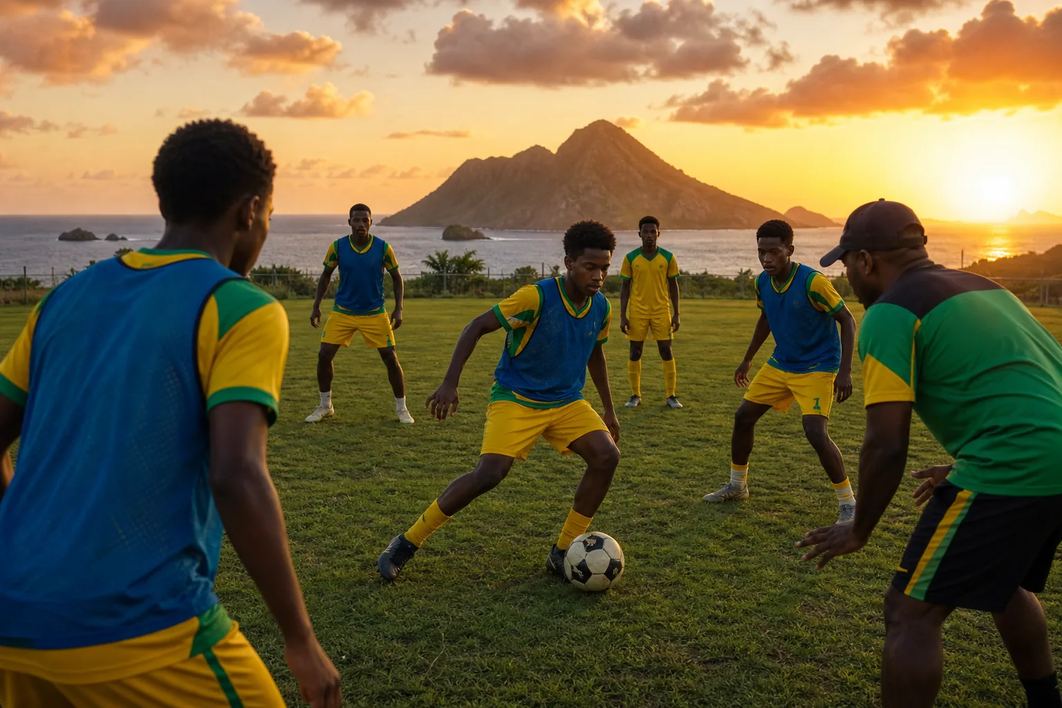 Young Saint Vincent and the Grenadines footballers training with a coach at sunset