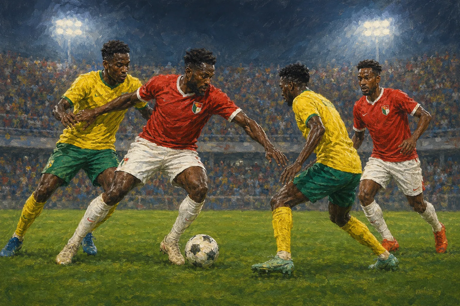 Sudan national team battling a strong African opponent in a tense AFCON match