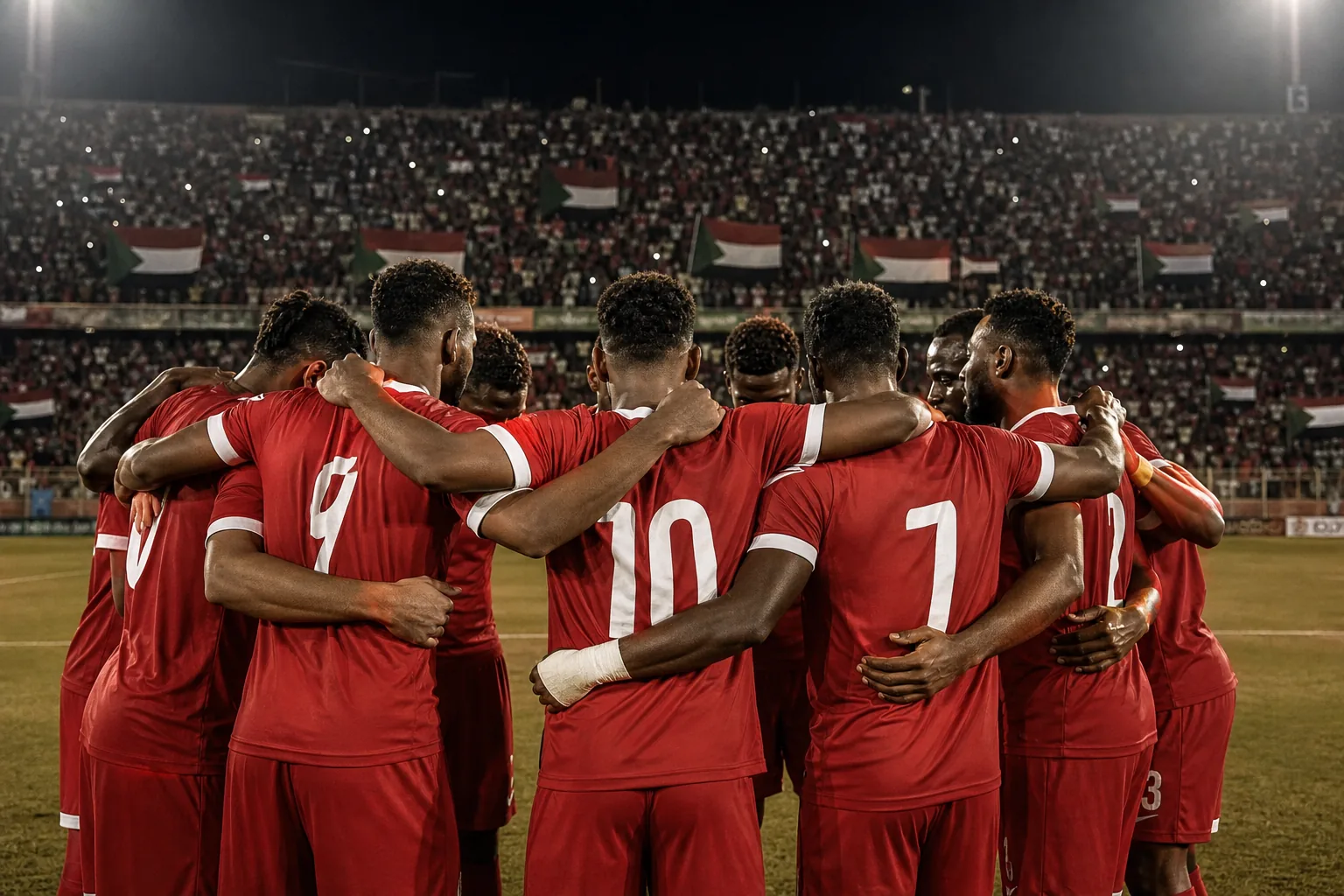 Sudan national team players preparing together before an AFCON qualifier in red kits