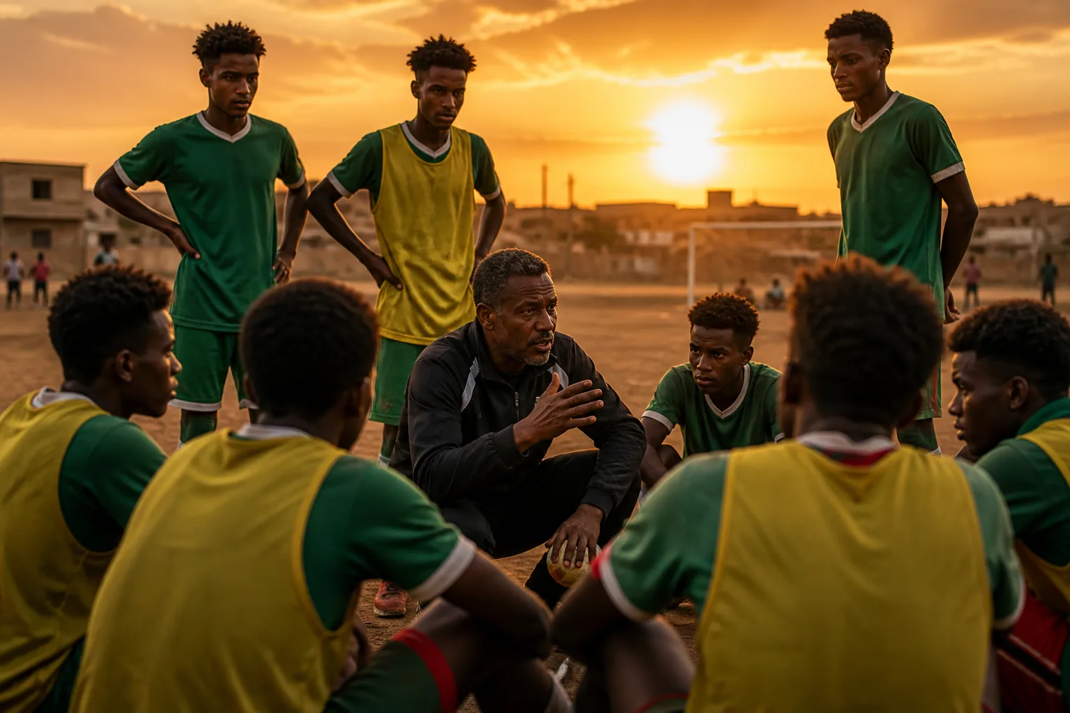 Young Sudanese footballers training with an experienced coach at sunset