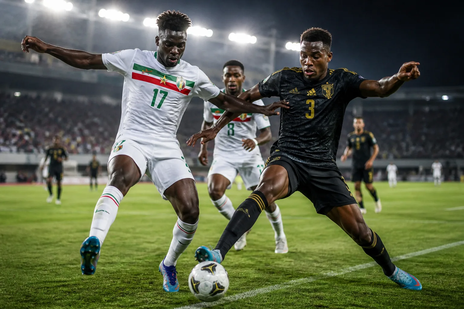Suriname Natio battling a strong CONCACAF opponent in a tense qualifier
