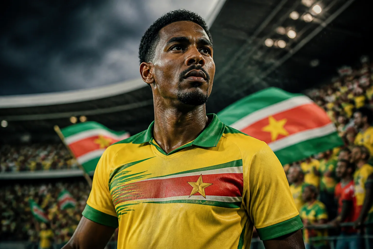 A fictional editorial portrait inspired by Suriname footballer Gleofilo Vlijter in a yellow-green Natio kit