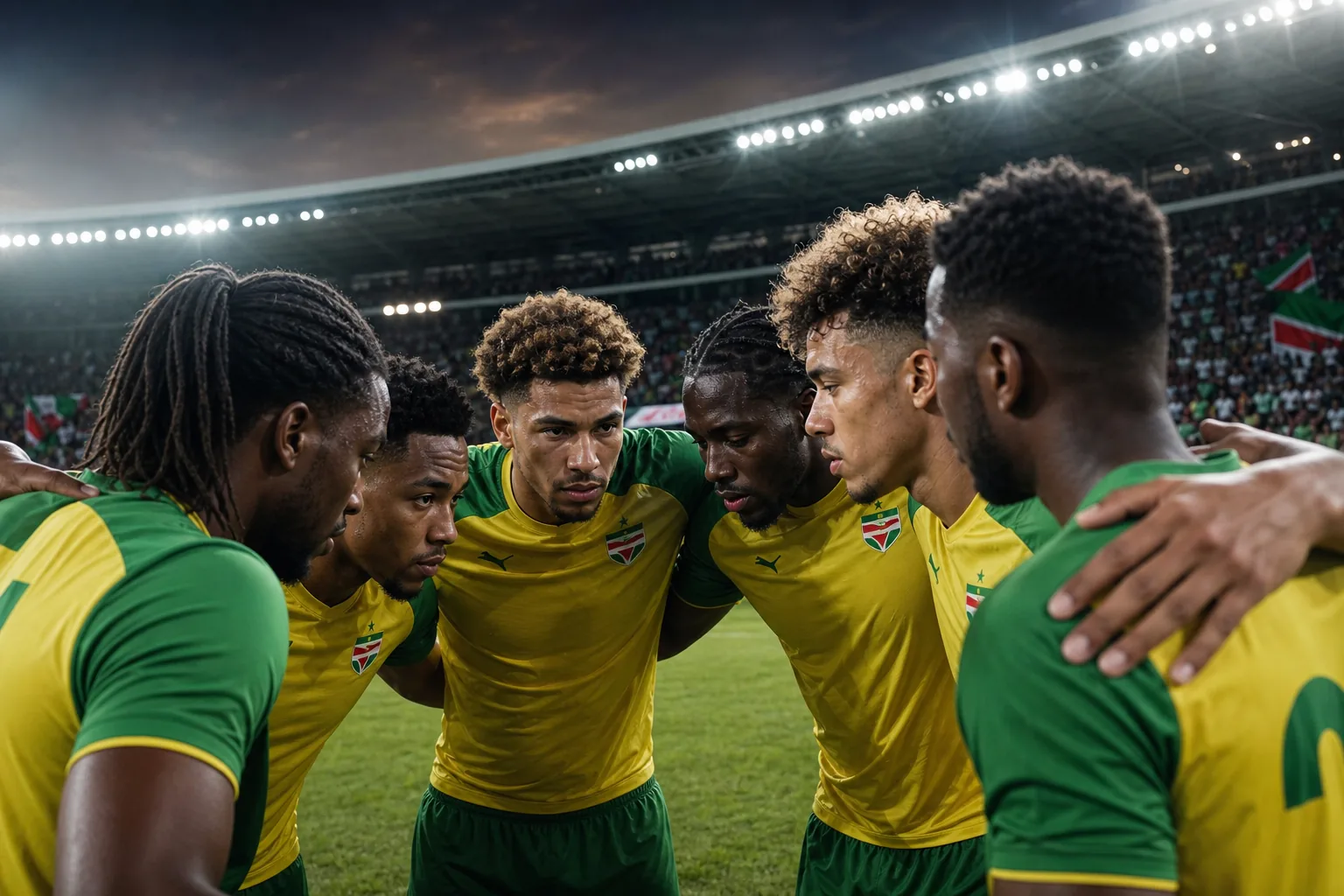 Suriname Natio players preparing before a CONCACAF Gold Cup qualifier in yellow-green kits