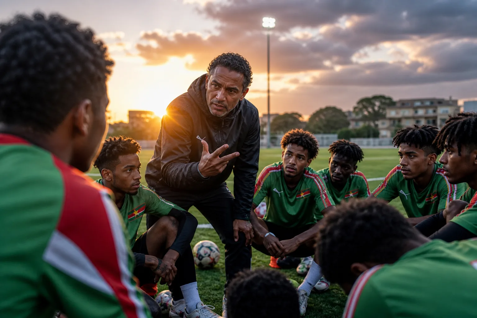 Young Surinamese footballers training with a Dutch-Surinamese coach at sunset