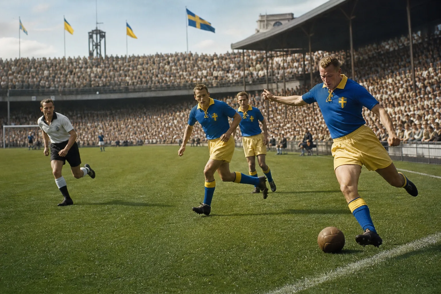 Fictional Swedish footballers building an elegant attack at the 1958 World Cup