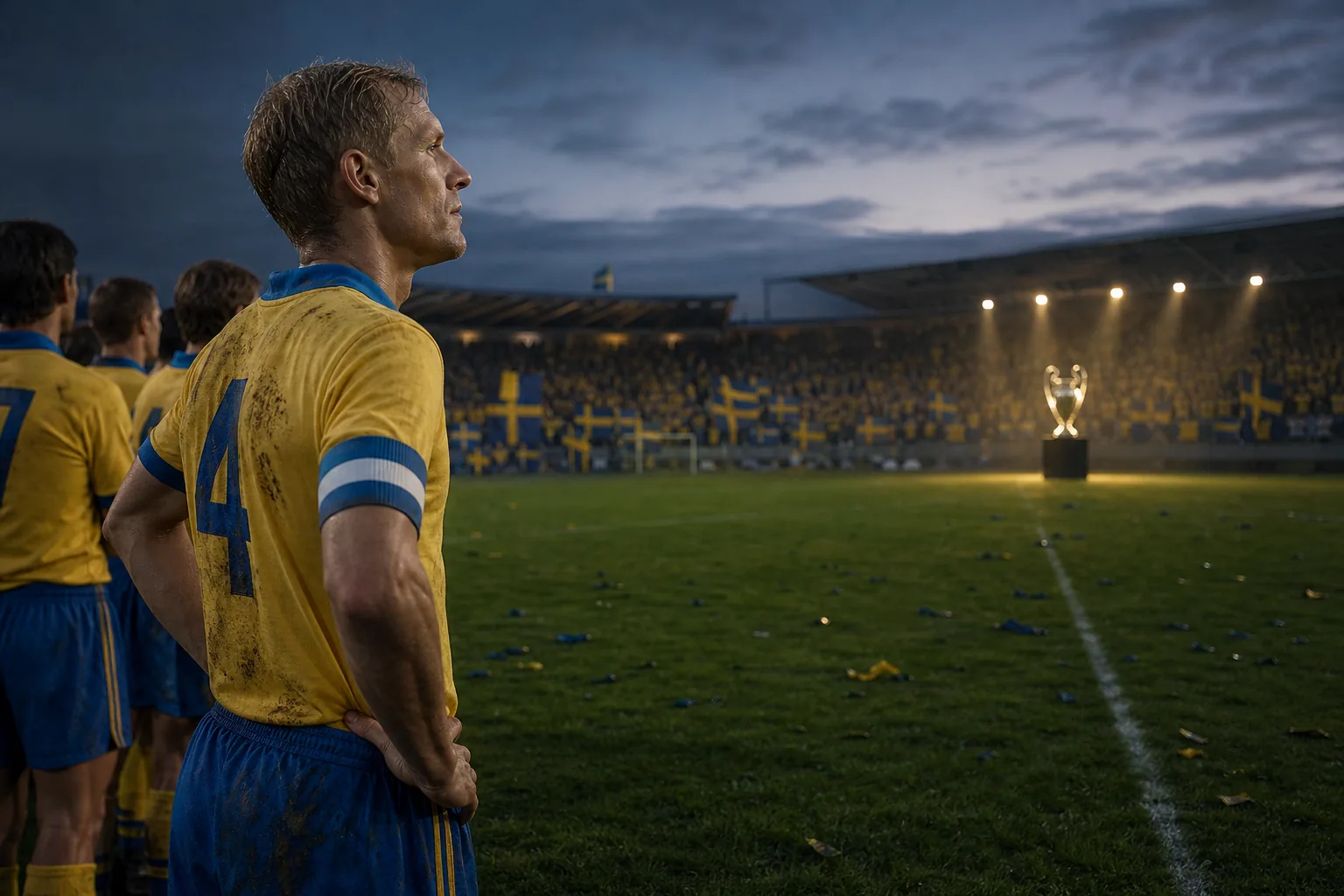 A fictional Swedish captain looking toward a distant trophy after the 1958 World Cup final