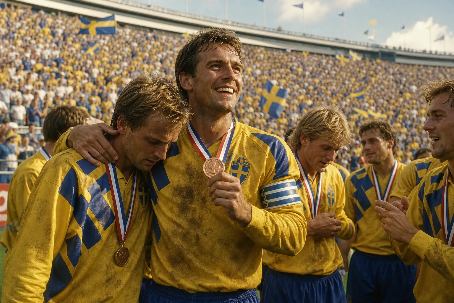 Fictional Swedish players celebrating a World Cup bronze medal in 1994
